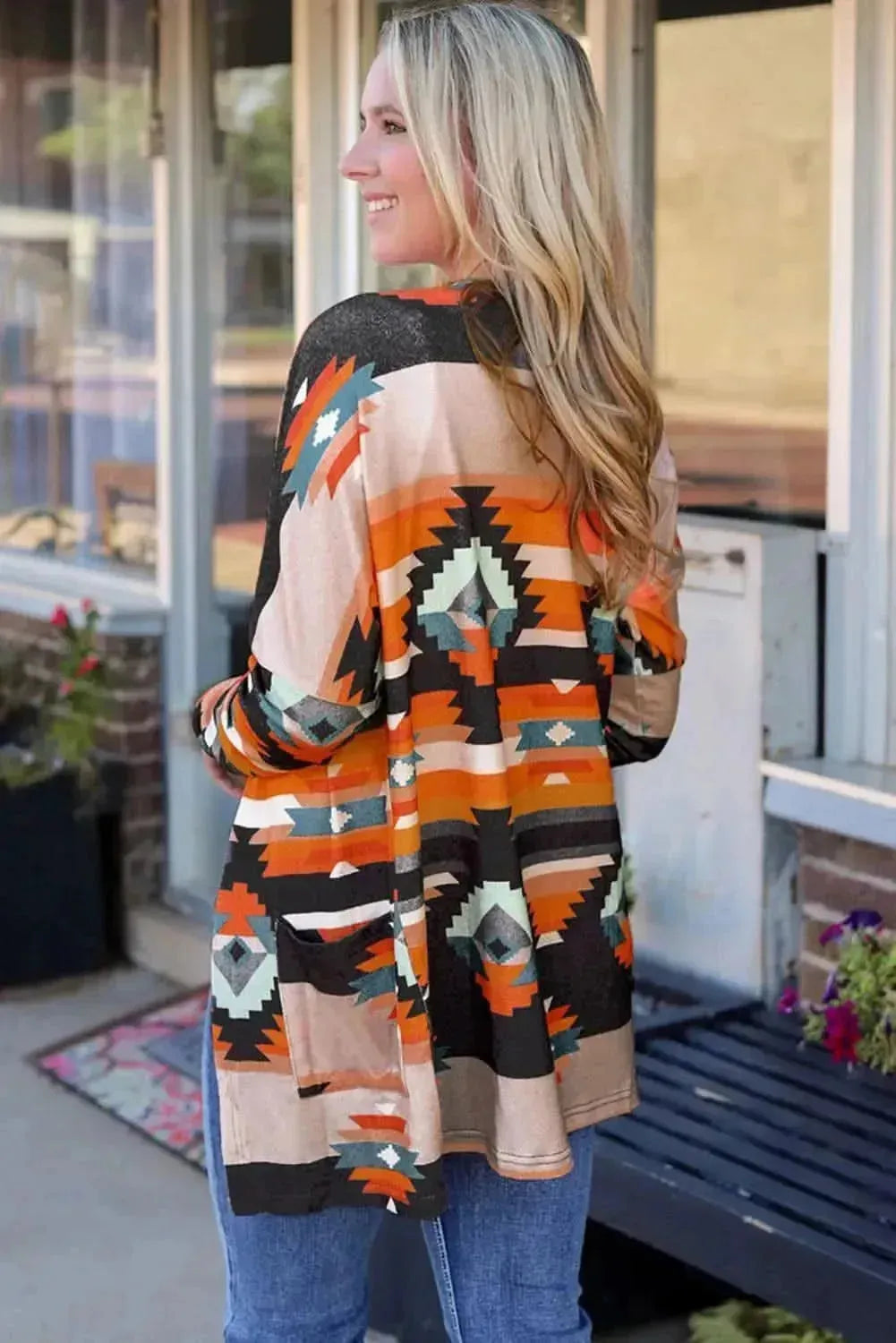 Geometric Open Front Long Sleeve Cardigan with Pockets - Bad Moms Club