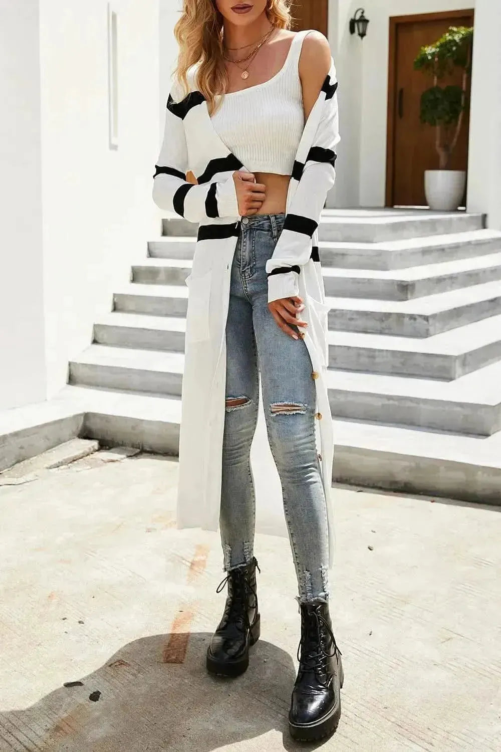 Pocketed Striped Button Up Cardigan - Bad Moms Club