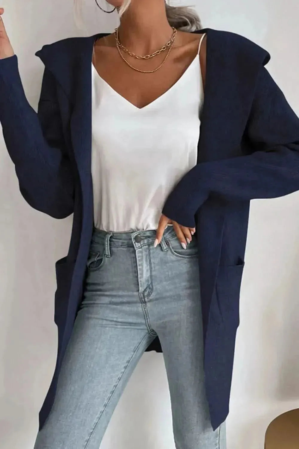 Ribbed Open Front Hooded Cardigan with Pockets - Bad Moms Club
