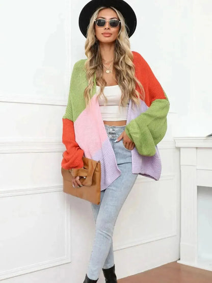 Color Block Open Front Balloon Sleeve Longline Cardigan - Bad Moms Club