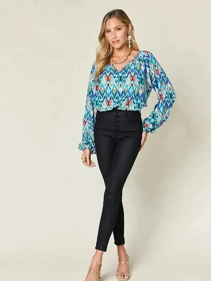 Double Take Full Size Printed Balloon Sleeve Blouse - Bad Moms Club