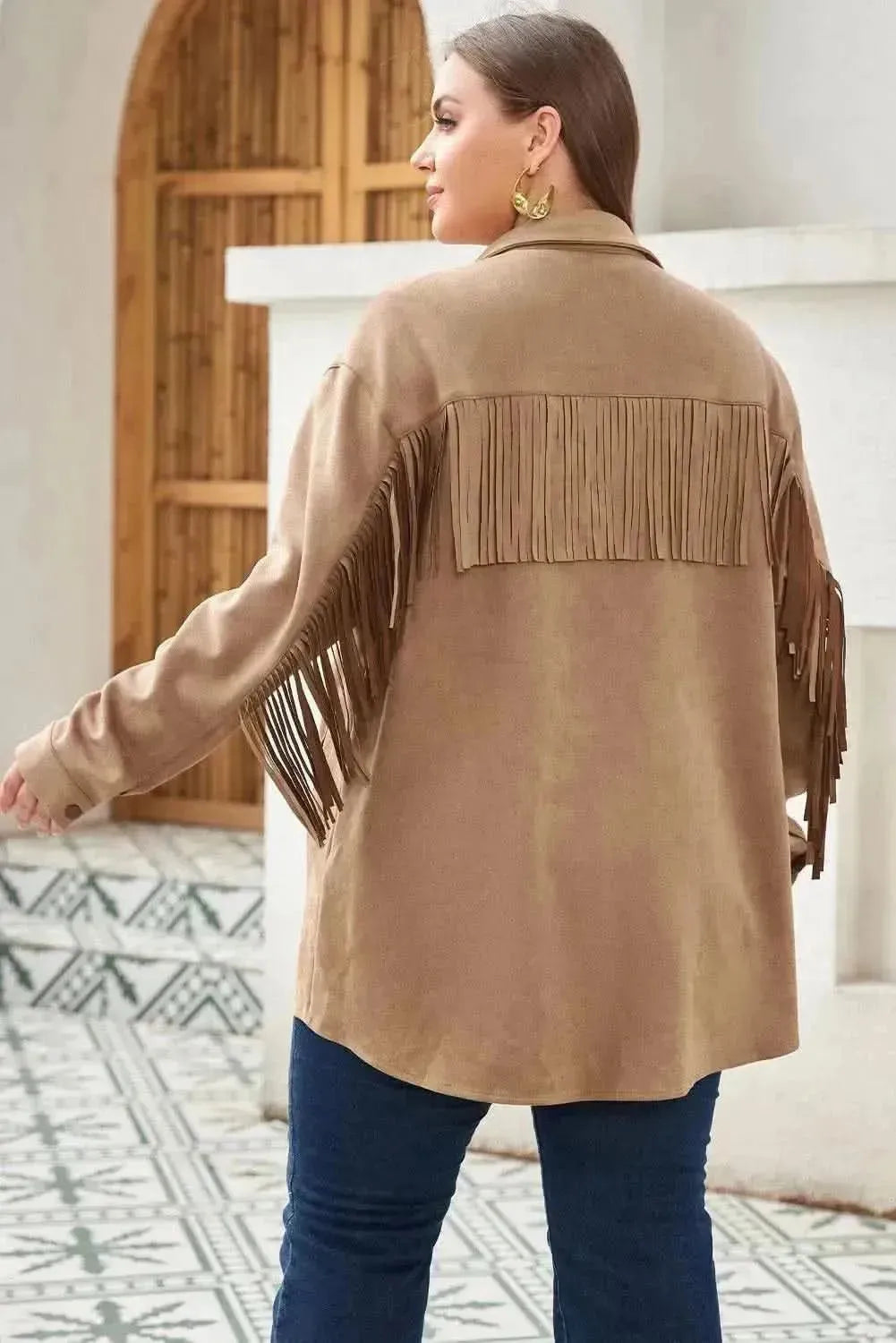 Plus Size Fringe Trim Snap Down Long Sleeve Shacket - Bad Moms Club