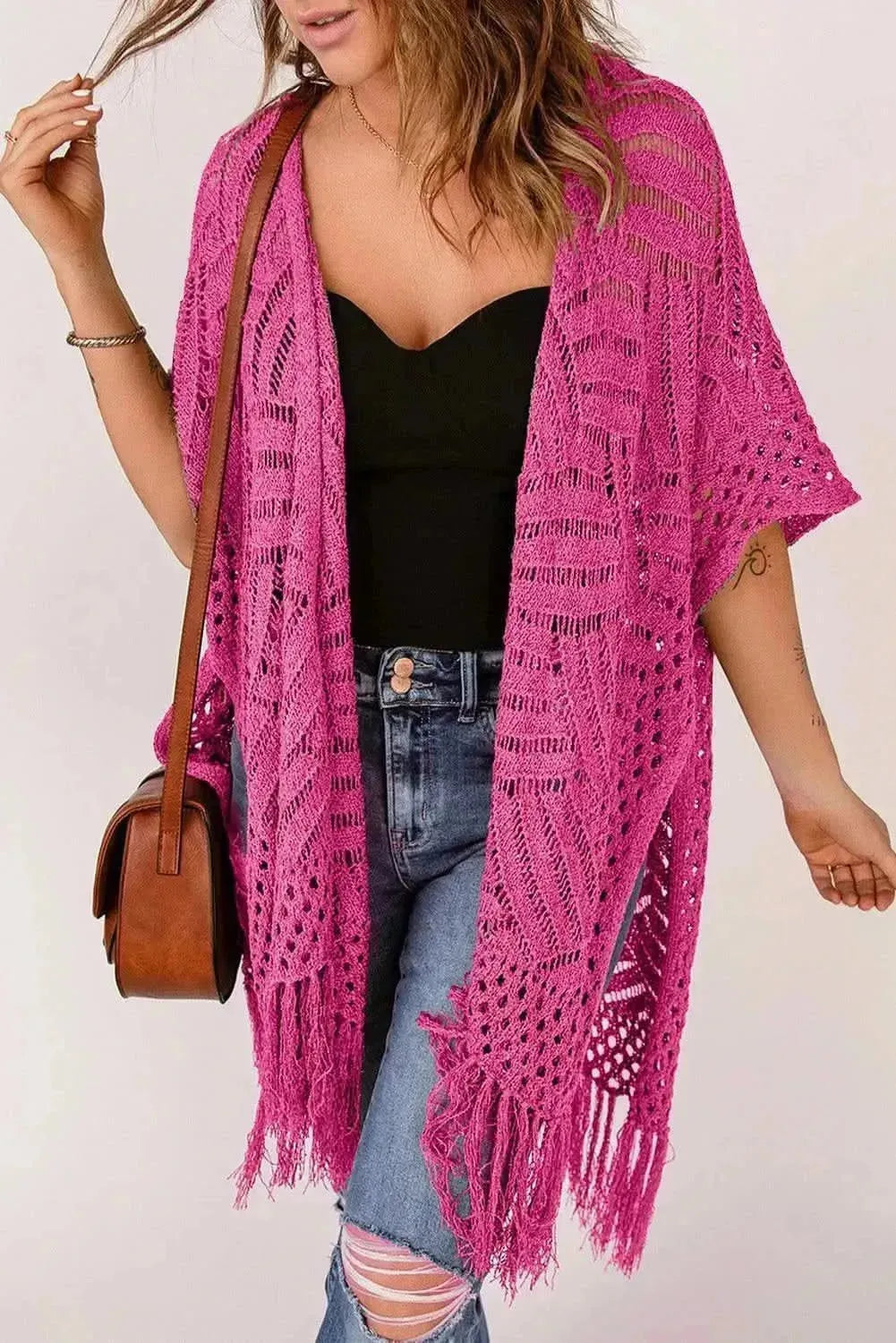 Openwork Open Front Cardigan with Fringes - Bad Moms Club