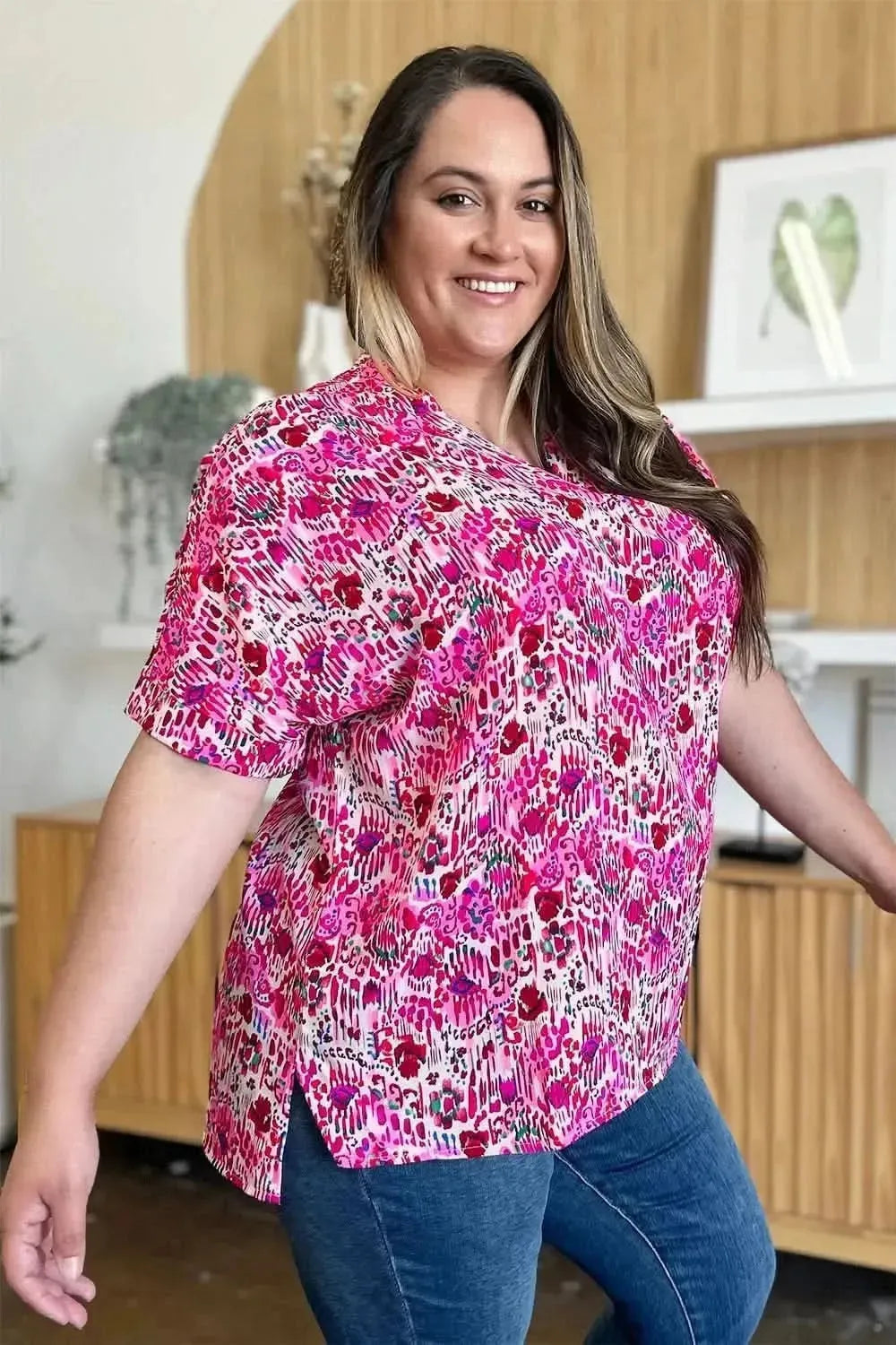 Double Take Full Size Printed V-Neck Short Sleeve Blouse - Bad Moms Club