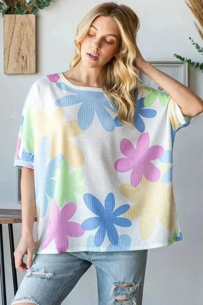 HOPELY Floral Round Neck Waffle T-Shirt - Bad Moms Club