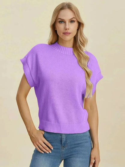Double Take Full Size Mock Neck Short Sleeve Sweater - Bad Moms Club