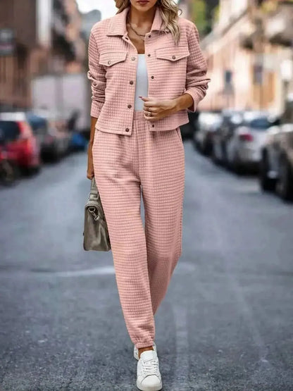 Plaid Texture Snap Down Top and Pants Set - Bad Moms Club