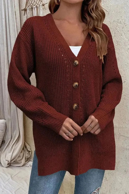 V-Neck Openwork Long Sleeve Cardigan - Bad Moms Club