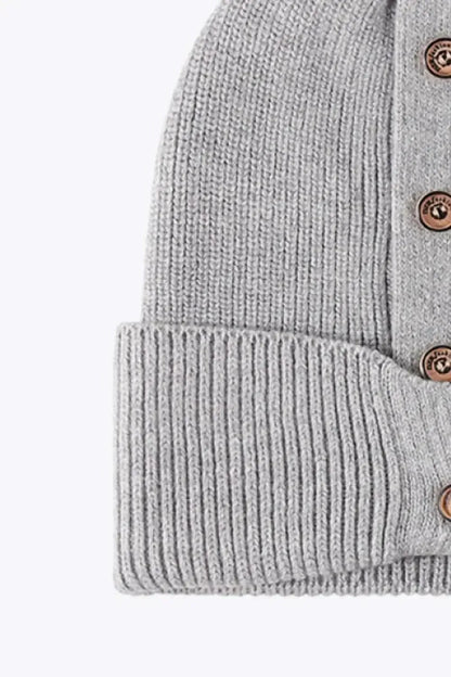 Button Detail Rib-Knit Cuff Beanie - Bad Moms Club