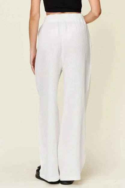 Double Take Full Size Texture Drawstring Wide Leg Pants - Bad Moms Club