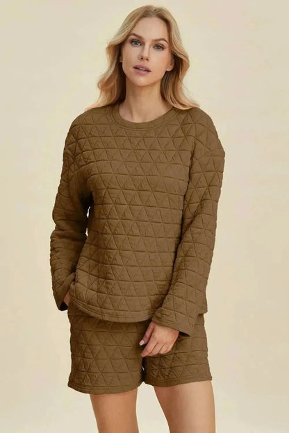 Double Take Full Size Texture Round Neck Long Sleeve Top and Shorts Set - Bad Moms Club