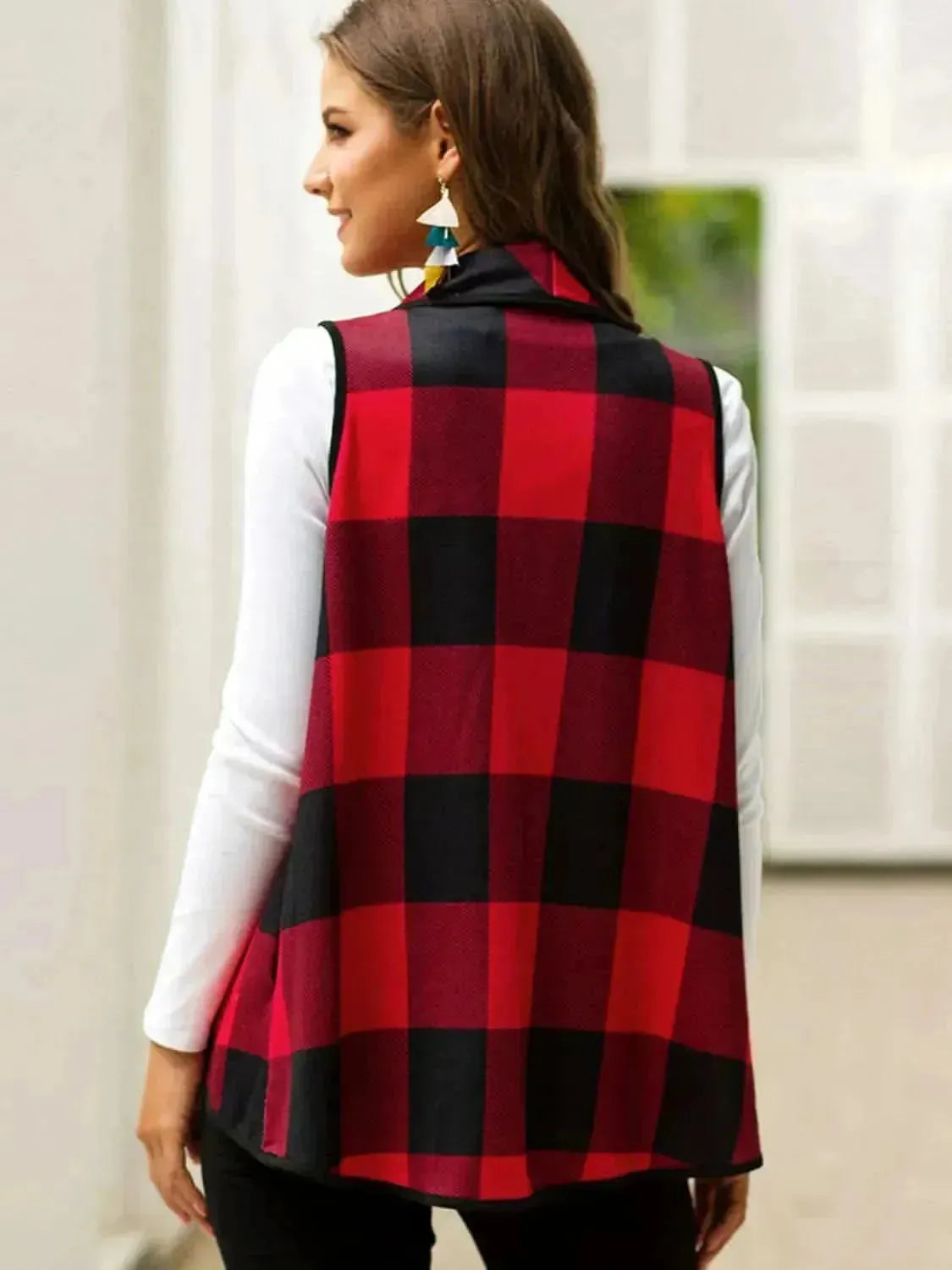 Plaid Open Front Sleeveless Cardigan - Bad Moms Club
