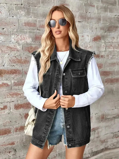Raw Hem Sleeveless Button Up Denim Jacket - Bad Moms Club
