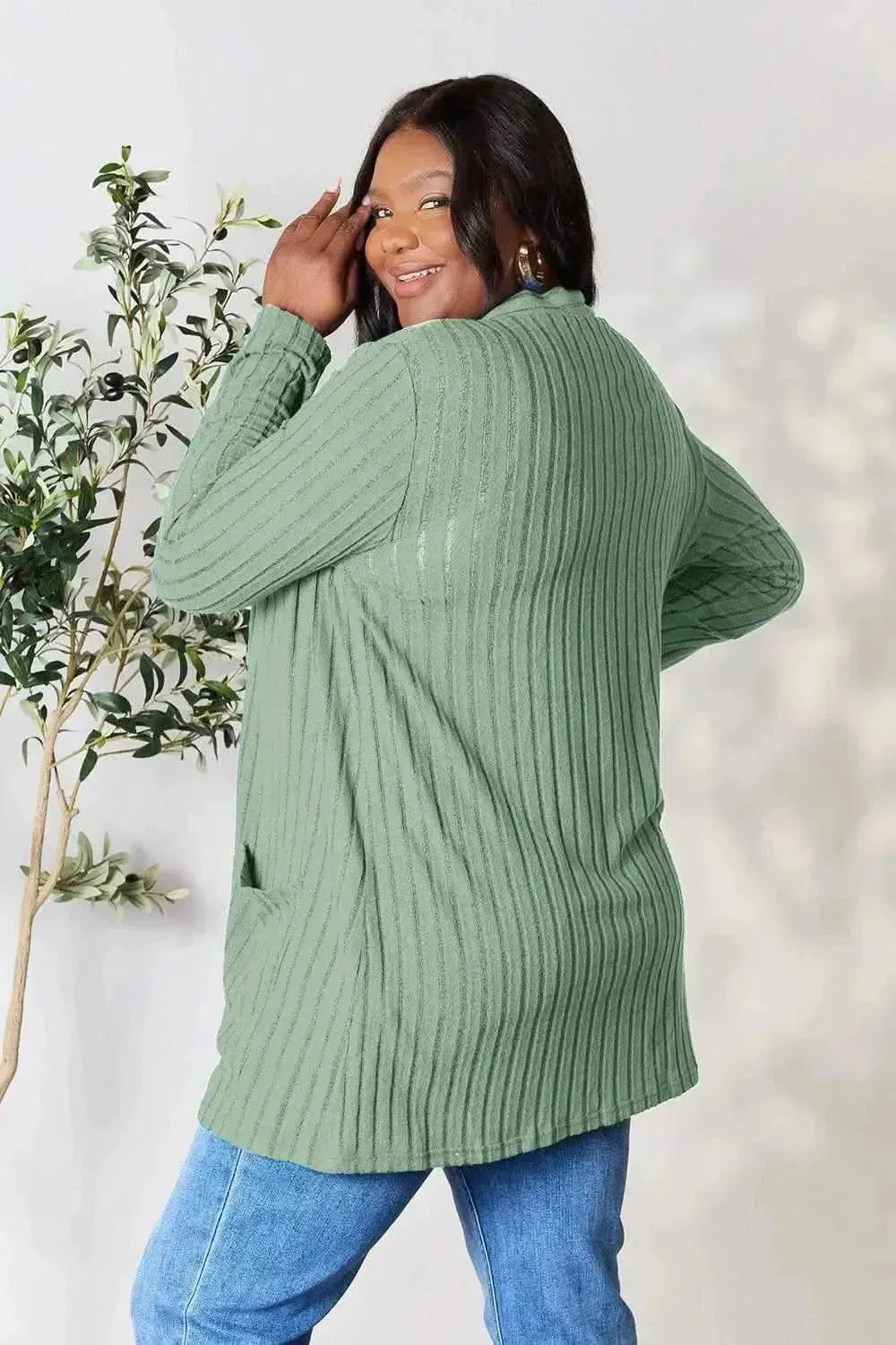 Basic Bae Full Size Ribbed Open Front Cardigan with Pockets - Bad Moms Club