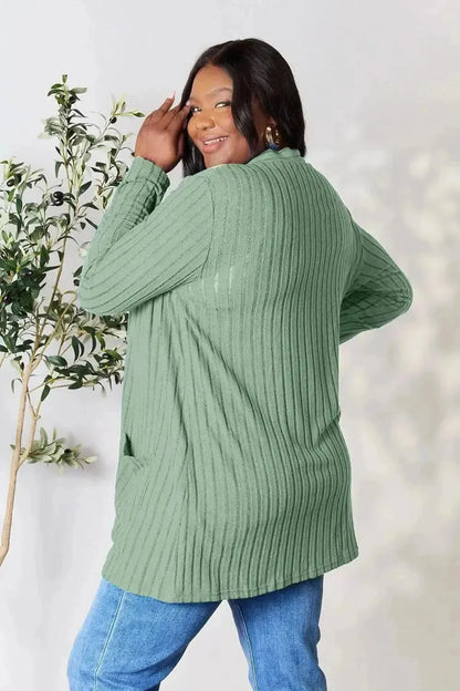 Basic Bae Full Size Ribbed Open Front Cardigan with Pockets - Bad Moms Club