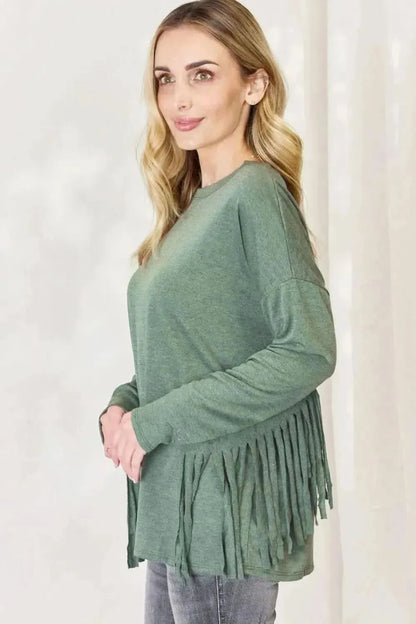 Celeste Full Size Fringe Detail Long Sleeve Top - Bad Moms Club