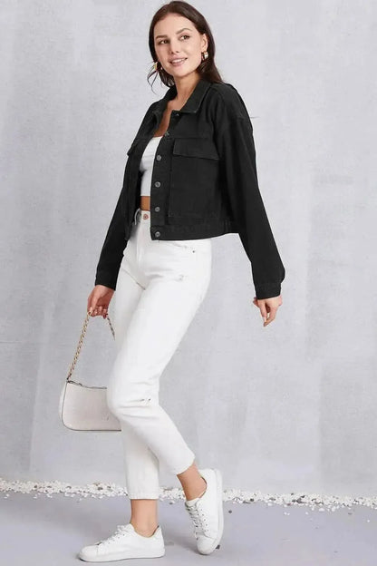 Button Up Dropped Shoulder Denim Jacket - Bad Moms Club