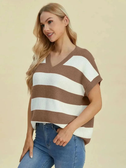 Double Take Full Size Striped V-Neck Short Sleeve Sweater - Bad Moms Club