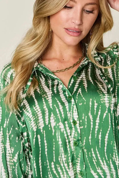 Double Take Full Size Printed Button Up Long Sleeve Shirt - Bad Moms Club