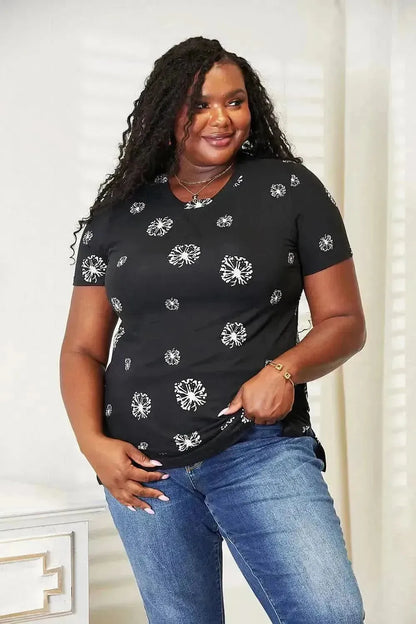 Double Take Dandelion Print Round Neck T-Shirt - Bad Moms Club