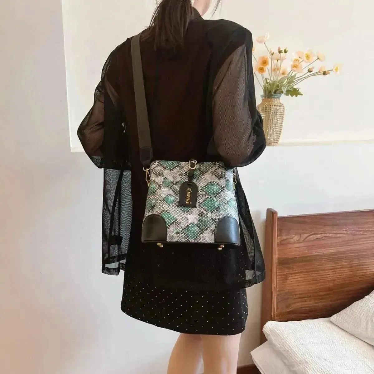 PU Leather Snakeskin Print Crossbody Bag - Bad Moms Club