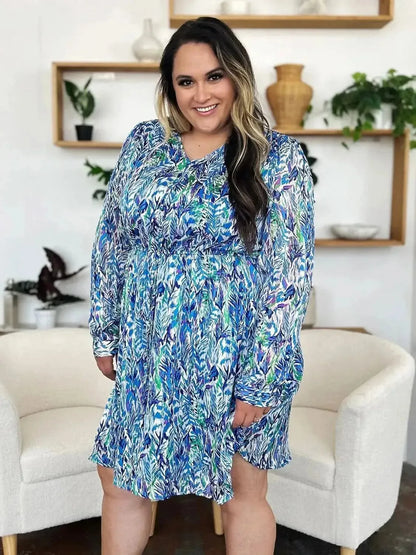 Double Take Full Size Printed Drawstring Waist Long Sleeve Dress - Bad Moms Club