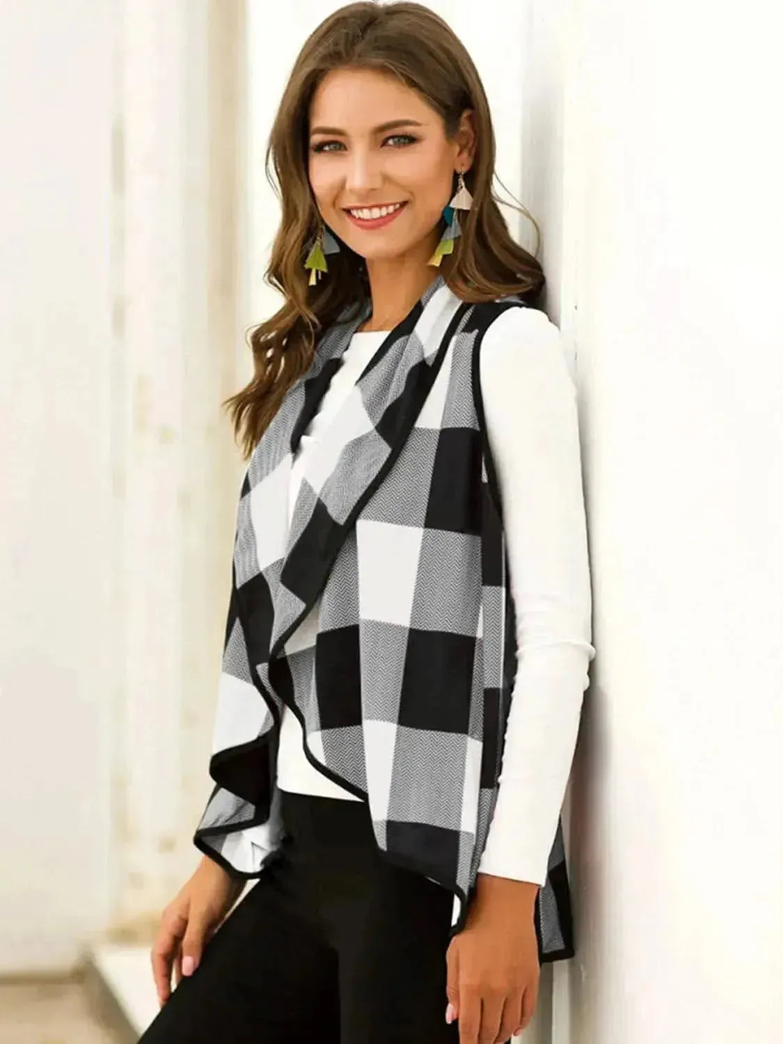 Plaid Open Front Sleeveless Cardigan - Bad Moms Club