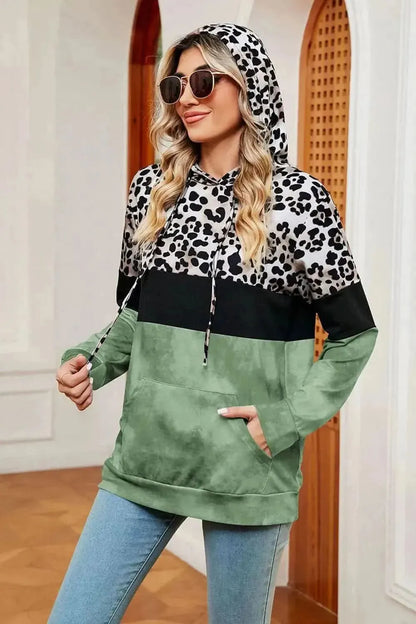 Leopard Drawstring Hoodie with Pocket - Bad Moms Club