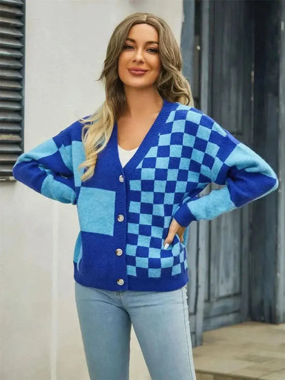 Plaid V-Neck Dropped Shoulder Cardigan - Bad Moms Club