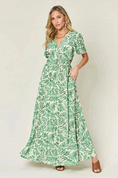 Double Take Full Size Printed Drawstring Short Sleeve Dress - Bad Moms Club
