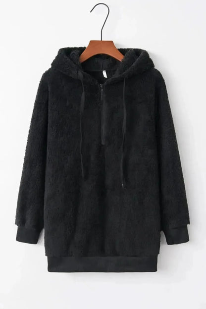 Full Size Quarter-Zip Drawstring Teddy Hoodie - Bad Moms Club