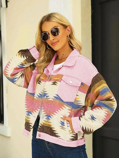 Printed Dropped Shoulder Long Sleeve Denim Jacket - Bad Moms Club