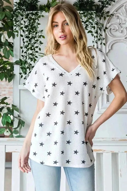 Heimish Full Size Star Print Short Sleeve V-Neck Waffle Knit T-Shirt - Bad Moms Club