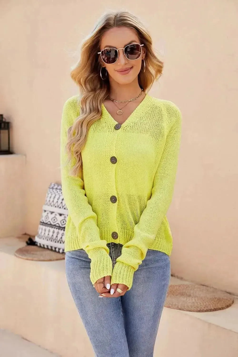 Button Up V-Neck Long Sleeve Cardigan - Bad Moms Club
