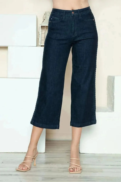 Judy Blue Full Size Side Seam Braid Detail Crop Wide Leg Jeans - Bad Moms Club