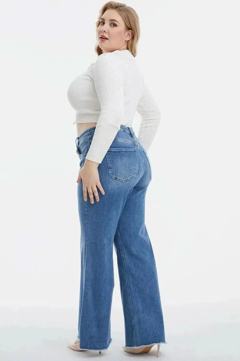 BAYEAS Full Size High Waist Button-Fly Raw Hem Wide Leg Jeans - Bad Moms Club