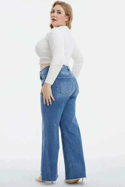 BAYEAS Full Size High Waist Button-Fly Raw Hem Wide Leg Jeans - Bad Moms Club