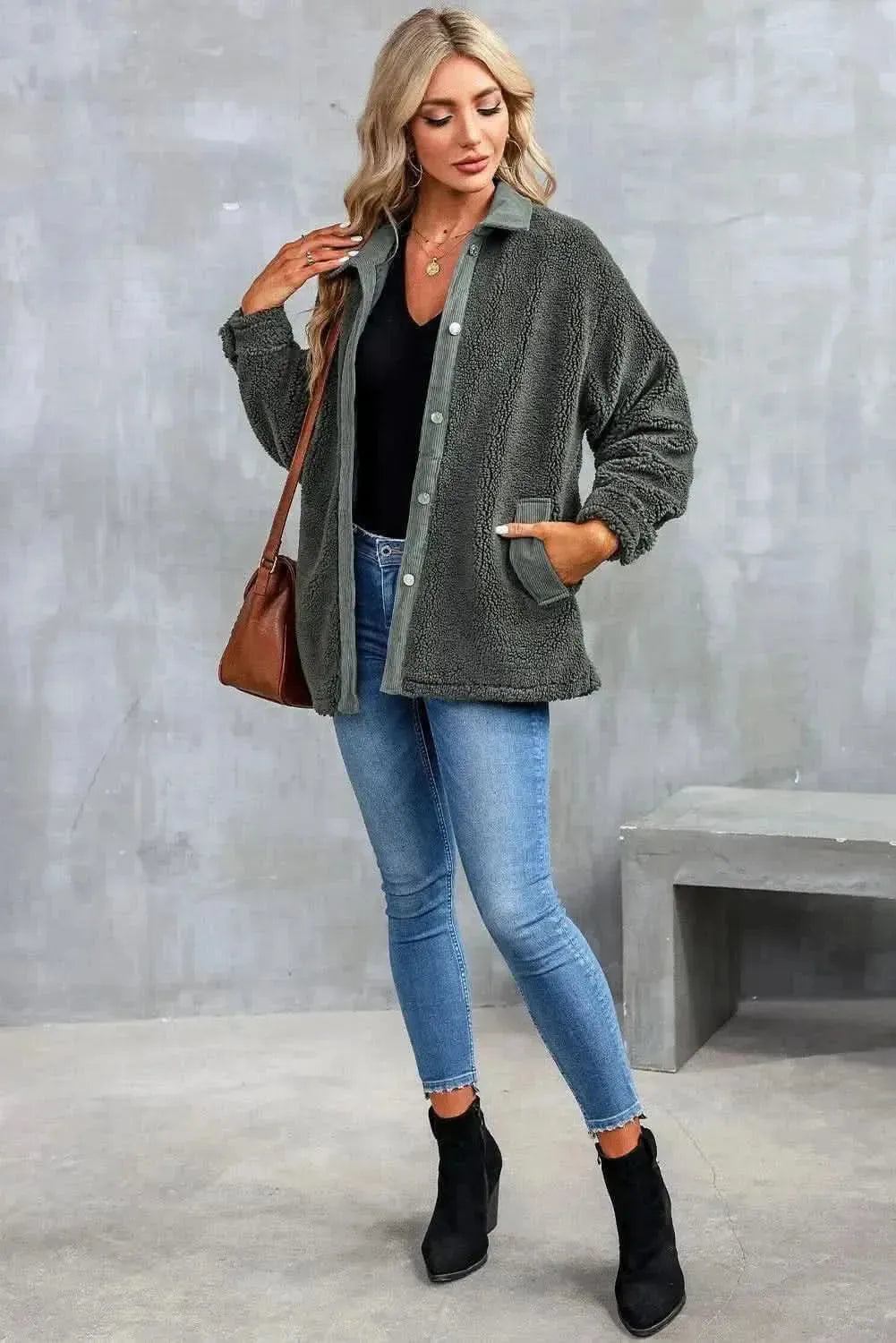 Collared Neck Drop Shoulder Jacket - Bad Moms Club