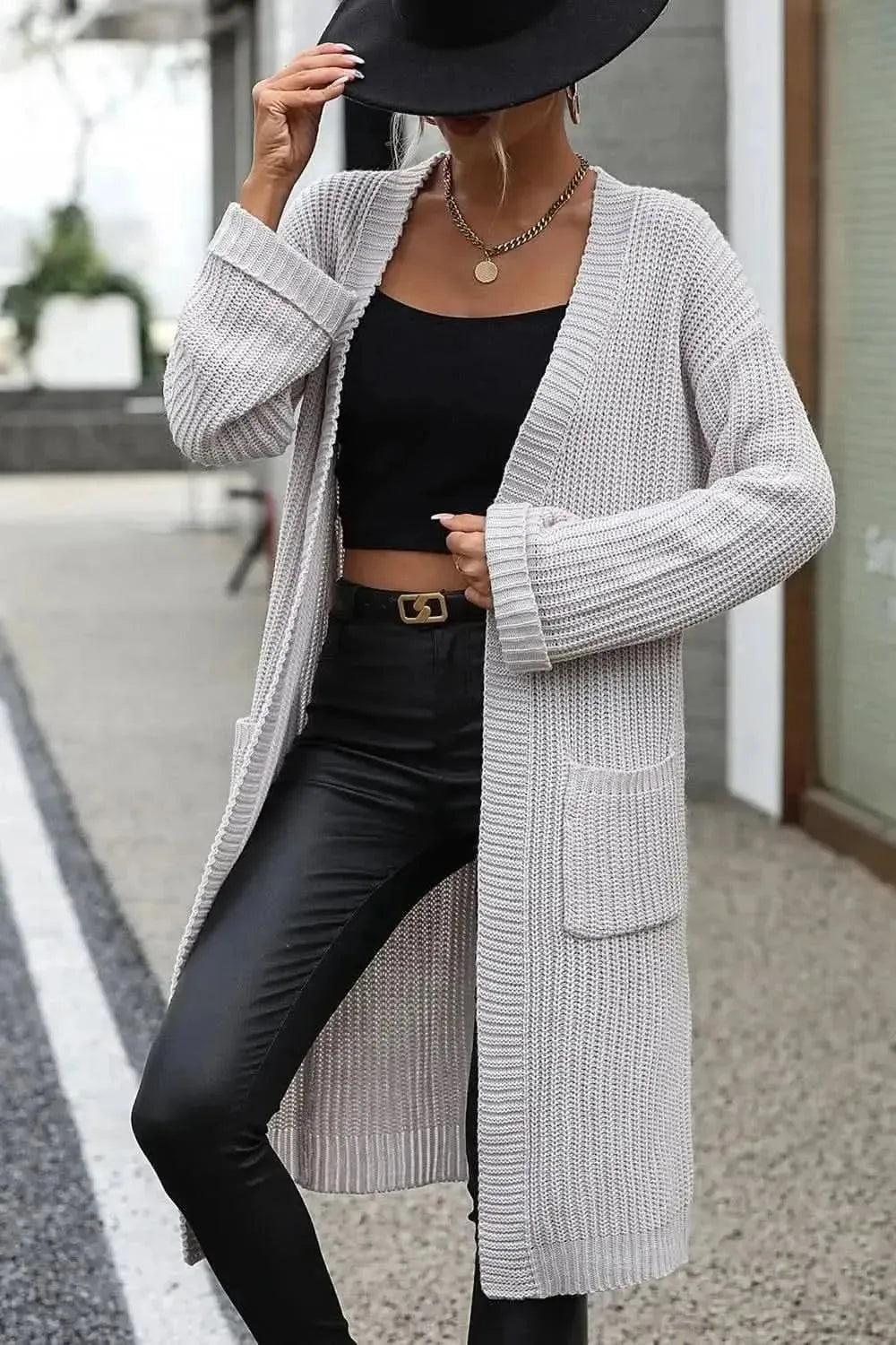 Dropped Shoulder Long Sleeve Cardigan with Pocket - Bad Moms Club