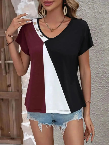 Ivy Lane Color Block Decorative Button V-Neck Tee - Bad Moms Club
