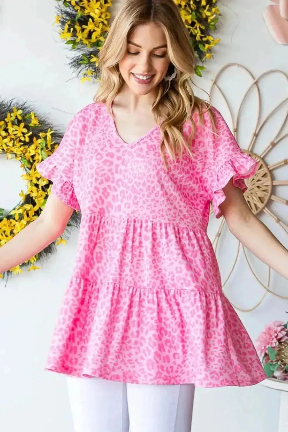 Heimish Full Size Leopard Ruffle Trim Short Sleeve Top - Bad Moms Club
