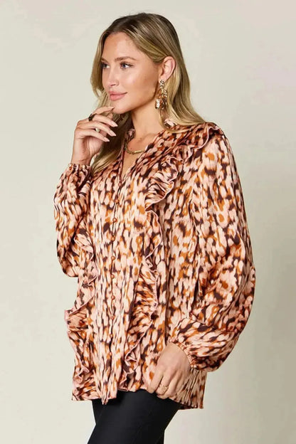 Double Take Full Size Printed Ruffle Trim Balloon Sleeve Shirt - Bad Moms Club