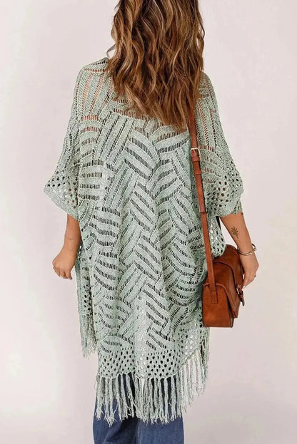 Openwork Open Front Cardigan with Fringes - Bad Moms Club