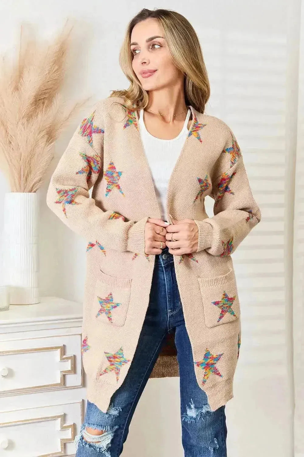 Star Pattern Open Front Longline Cardigan - Bad Moms Club