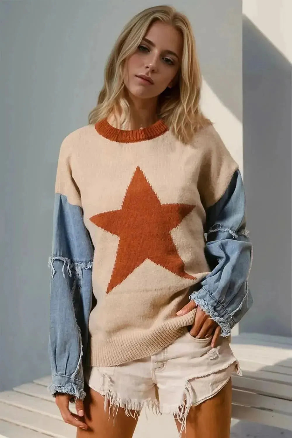 Double Take Full Size Star Pattern Raw Edge Long Sleeve Sweater - Bad Moms Club