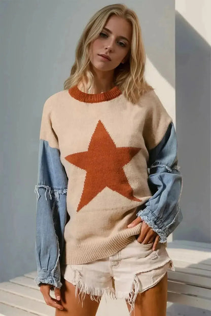 Double Take Full Size Star Pattern Raw Edge Long Sleeve Sweater - Bad Moms Club