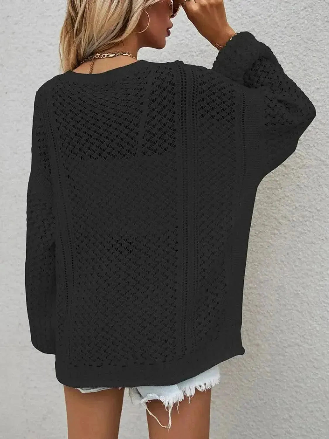 Openwork Button Front Cardigan - Bad Moms Club