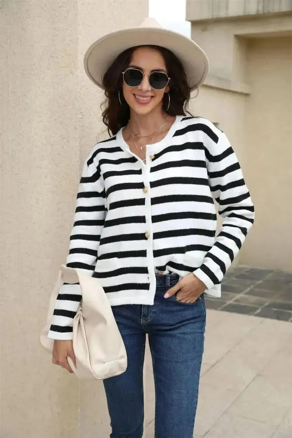 Striped Round Neck Button-Down Dropped Shoulder Cardigan - Bad Moms Club