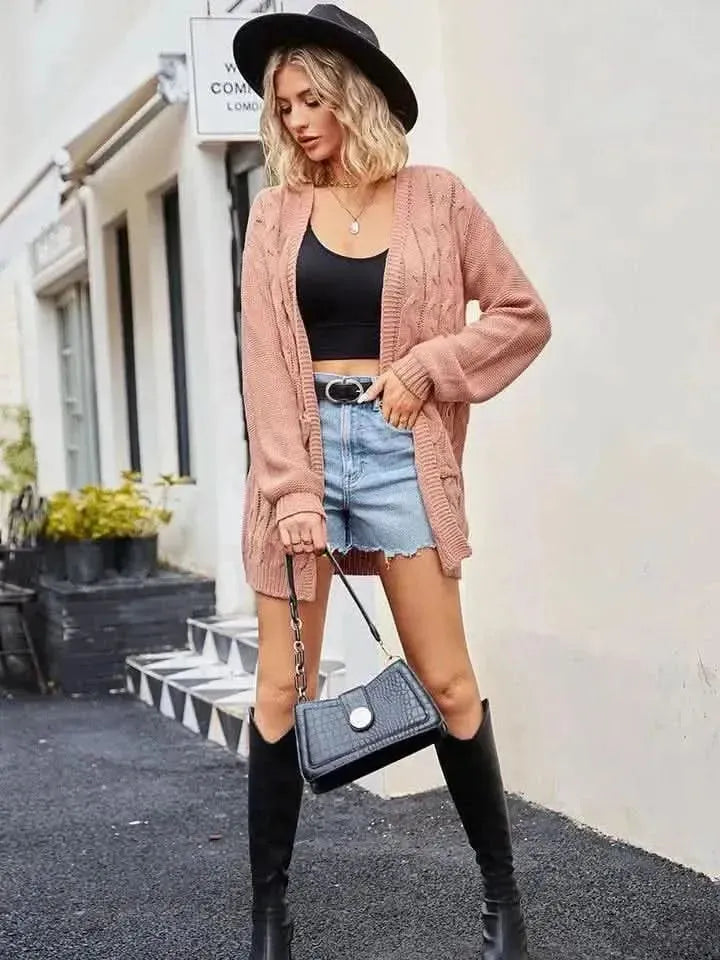 Cable-Knit Long Sleeve Cardigan - Bad Moms Club