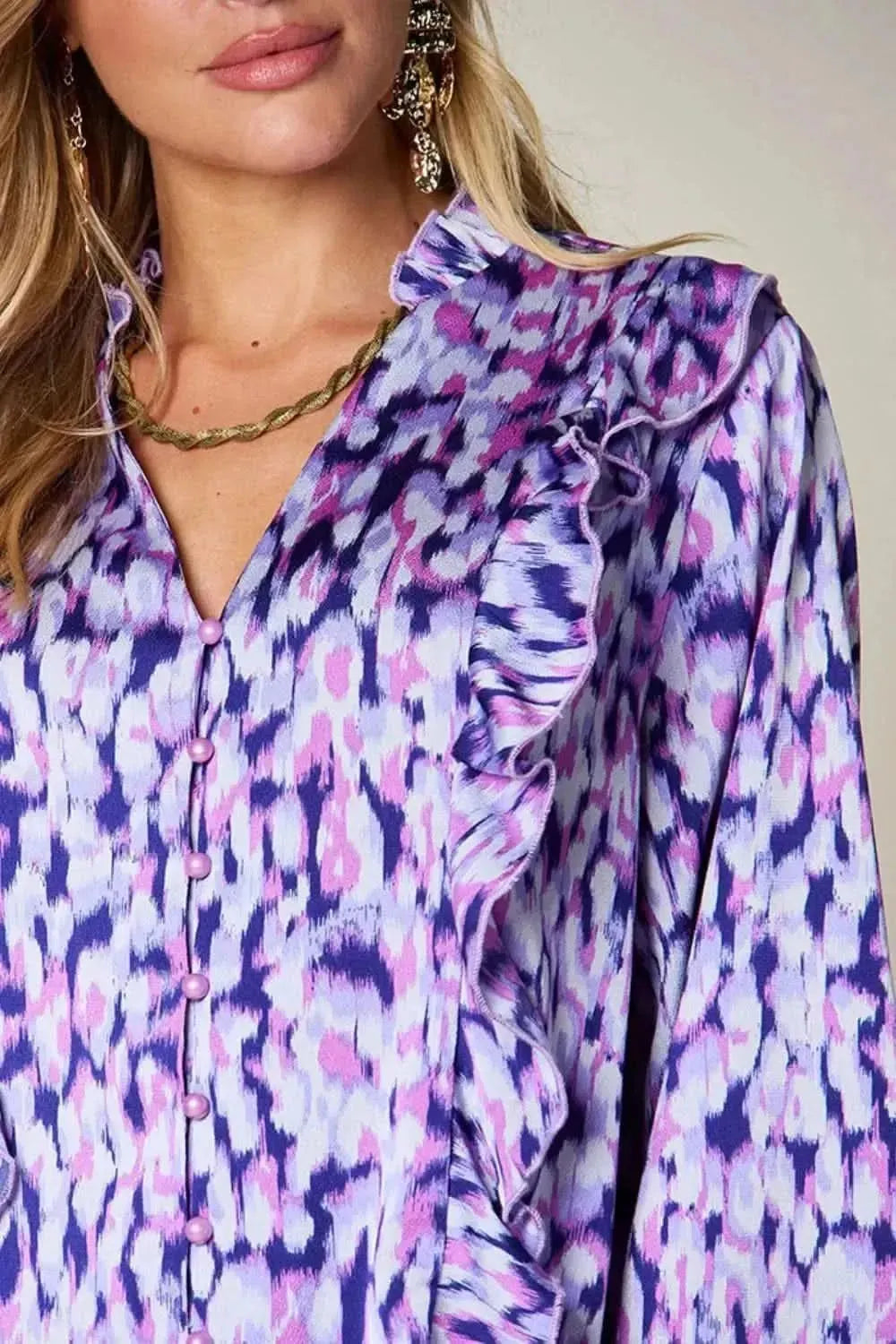 Double Take Full Size Printed Ruffle Trim Balloon Sleeve Shirt - Bad Moms Club